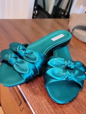 Tabitha Simmons Emerald Satin Bow Slide Sandals - Women